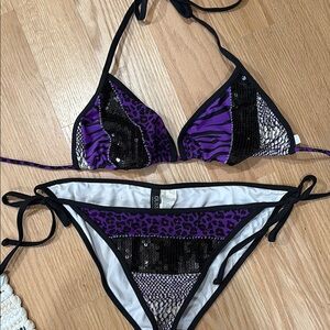 Guess Purple and Black Sequin Bikini Set
